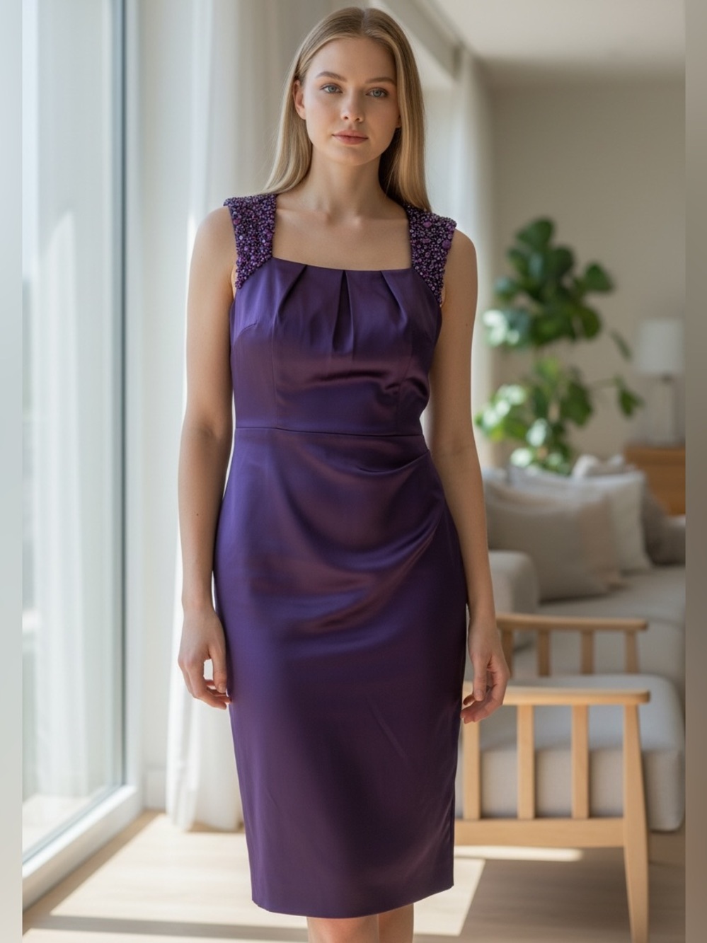 Adrianna Papell Purple Beaded Strap Midi Dress